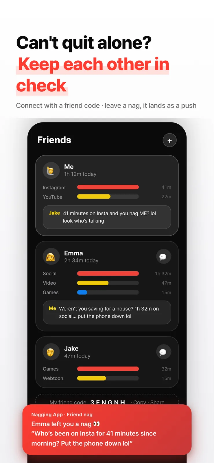 Friends tab showing each other's screen time and nag comments.